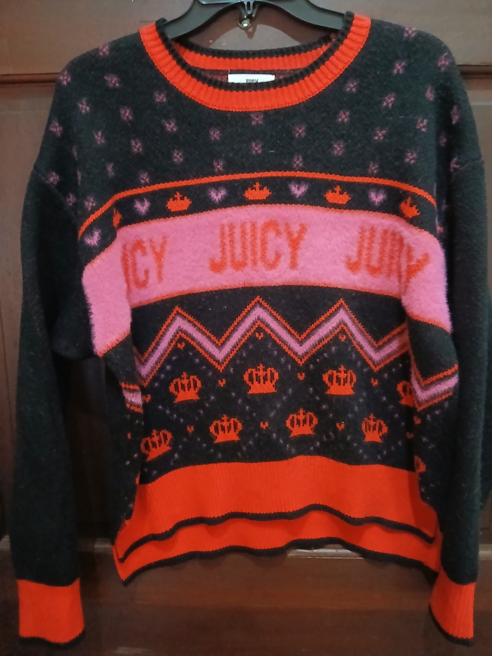 Juicy Couture Women's Black, Pink & Red Logo Knit Pull Over Sweater XXL